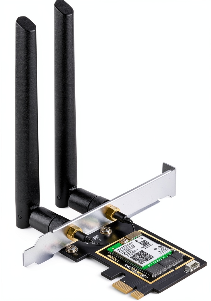 Installing UFON WiFi 6E AX210 PCIe Card with Dual 5dBi Antennas and Bluetooth 5.3 on a wooden desk