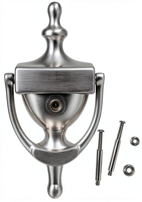 QCAA Solid Brass Door Knocker, 7", with 160 Degree Glass Len Door Viewer (UL Listed), Satin Nickel, 1 Pack-0