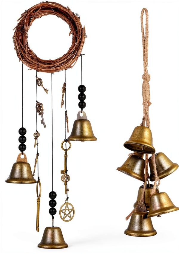 Maitys Witch Bells 2 Pieces Door Knob Hanger Witchcraft Decor Wind Chimes Positive Energy Decor Magic Home Protection Bells Handmade Clear Negative Energy Witch Door Knocker for Boho-0