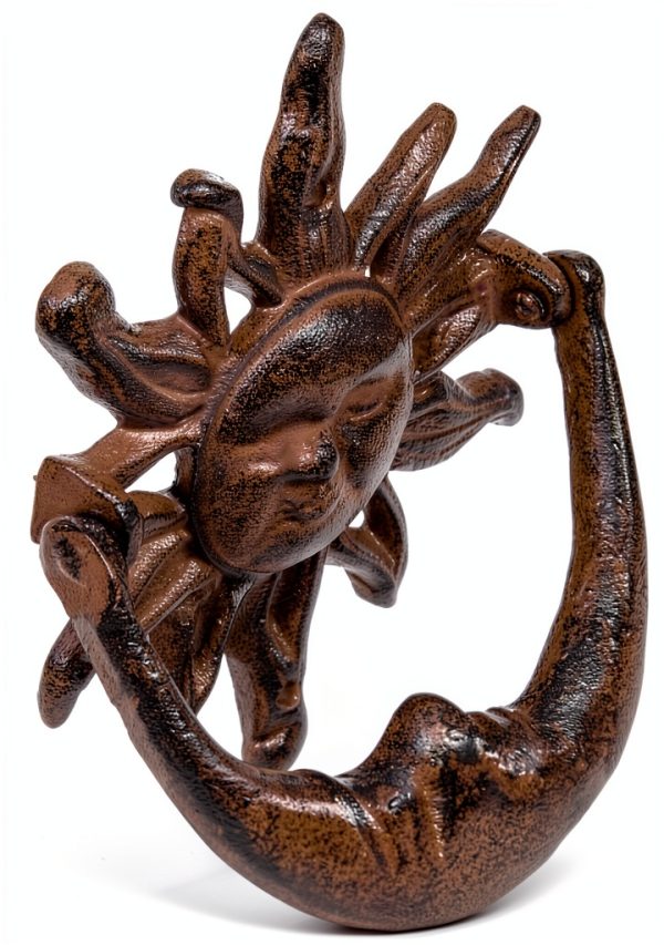 Sun and Moon Front Door Knocker Cast Iron Rustic, Brown-3