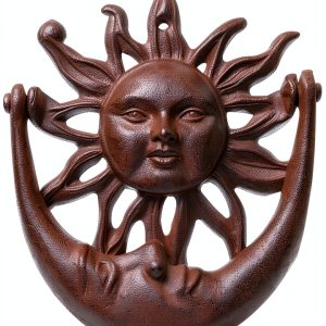 Sun and Moon Front Door Knocker Cast Iron Rustic, Brown-0