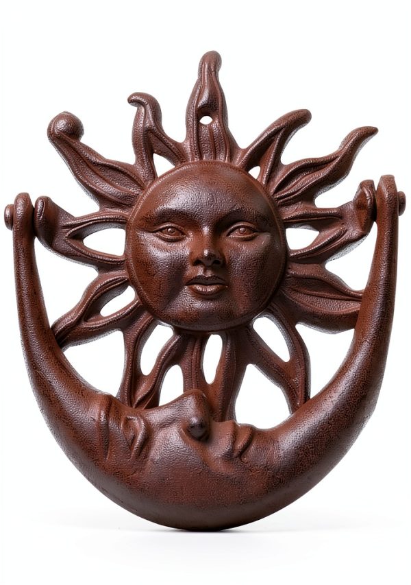 Sun and Moon Front Door Knocker Cast Iron Rustic, Brown-0